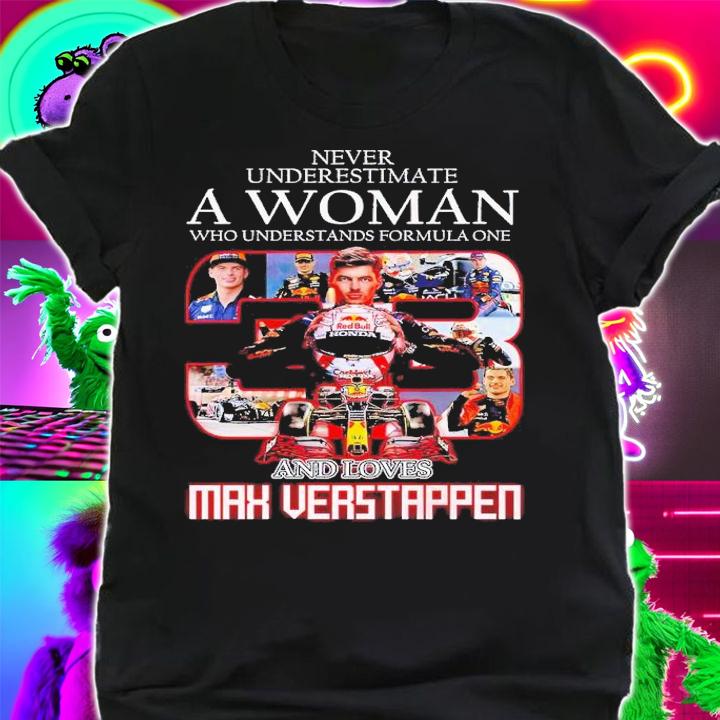 Never underestimate a woman who understands Formula One and loves Max Verstappen shirt t-shirt
