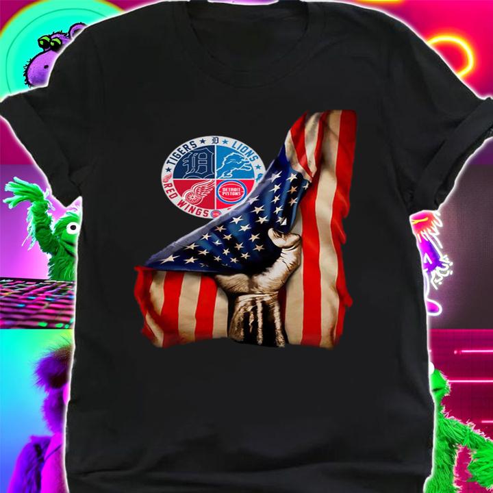 Detroit Sports Teams Tigers Lions Red Wings Pistons American Flag USA Hand t-shirt