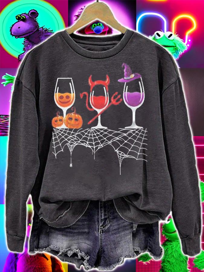 Vintage Halloween Red Wine Glass Pumpkin Devil Witch Cute Shirt sweatshirt