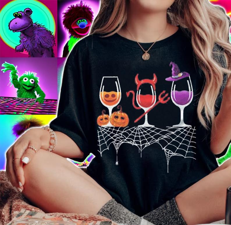 Vintage Halloween Red Wine Glass Pumpkin Devil Witch Cute Shirt woman shirt