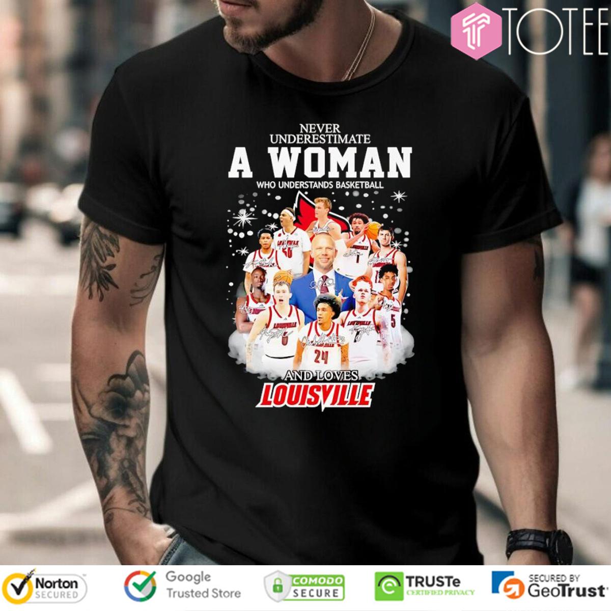 Never Underestimate A Woman Who Loves Louisville Basketball Coach & Players Signed T-Shirt
